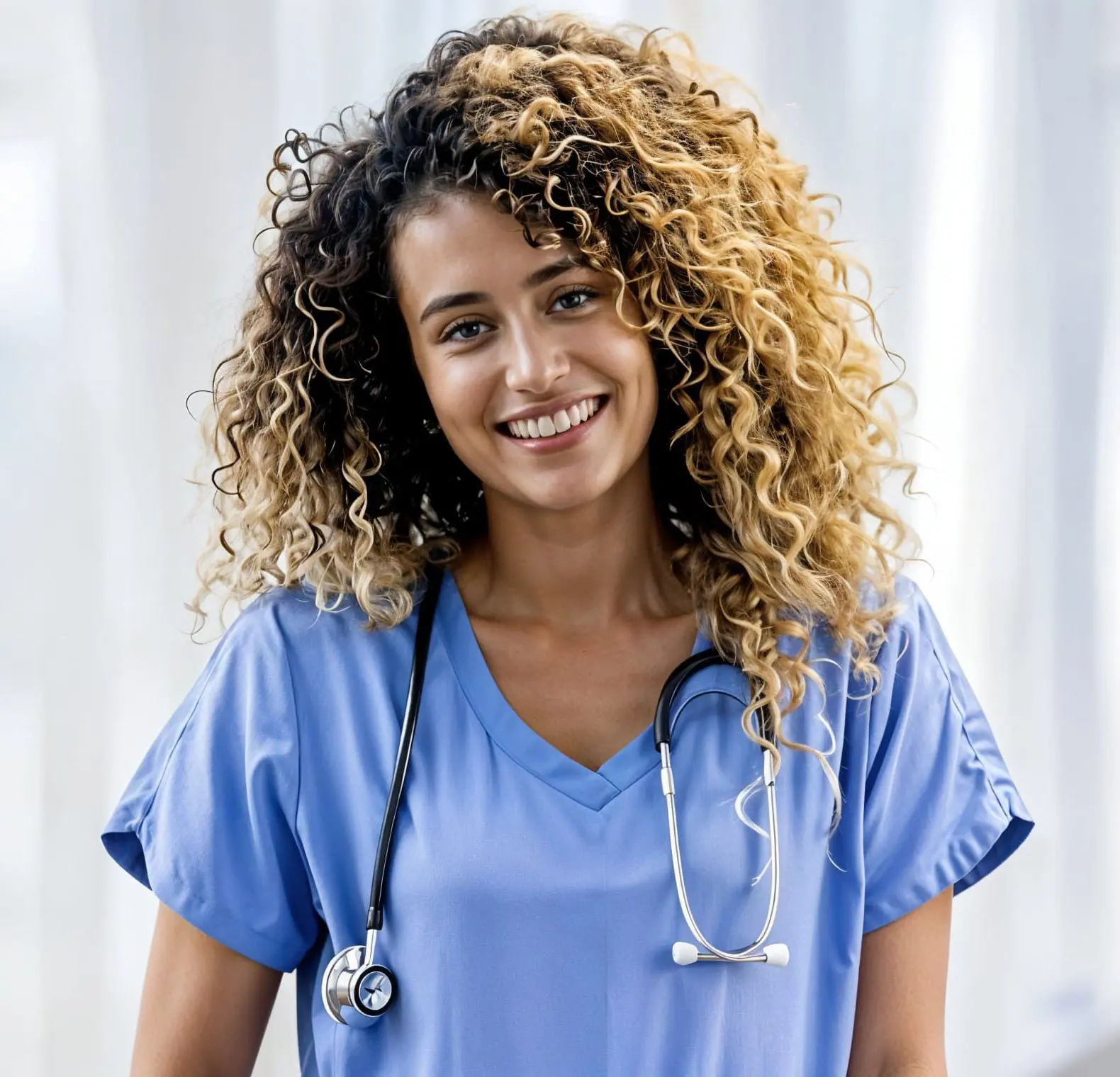 a woman wearing a scrubs and a stethoscope around her neck