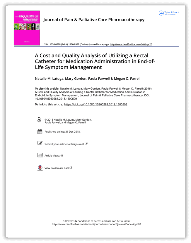 The first page of our A Cost and Quality Analysis of Utilizing a Rectal Catheter for Medication Administration in End-of-Life Symptom Management paper