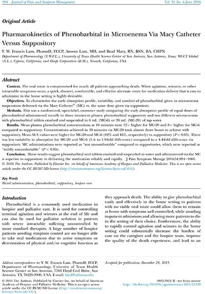 The first page of our Pharmacokineteics of Phenobarbital in Microenema via Macy Catheter vs Suppository paper