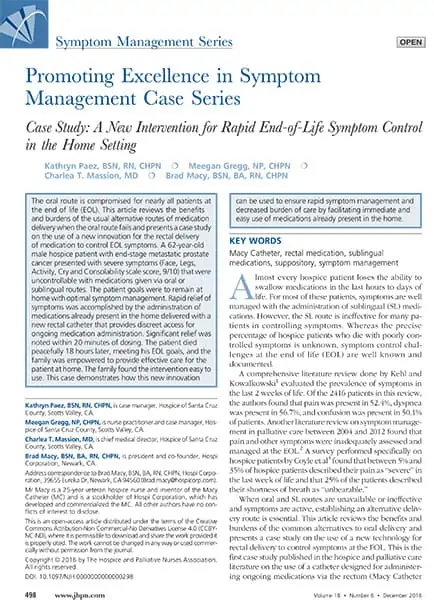 The cover page for our Journal of Hospice and Palliative Nursing paper