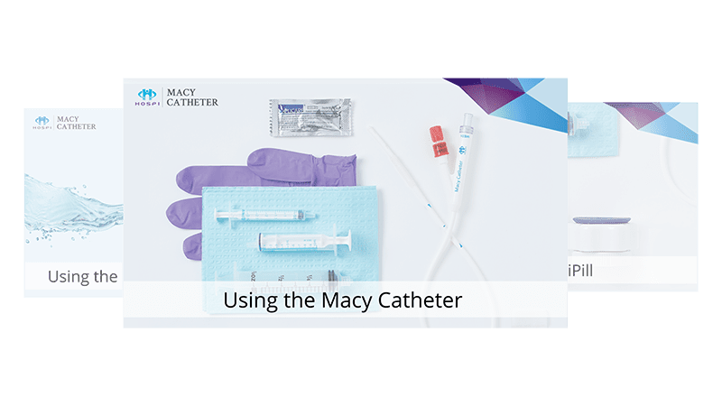 Several thumbnails of instructional videos for the Macy Catheter