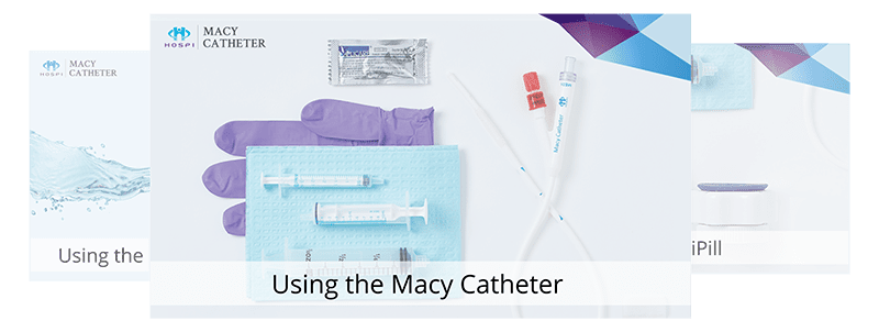 Several thumbnails of instructional videos for the Macy Catheter